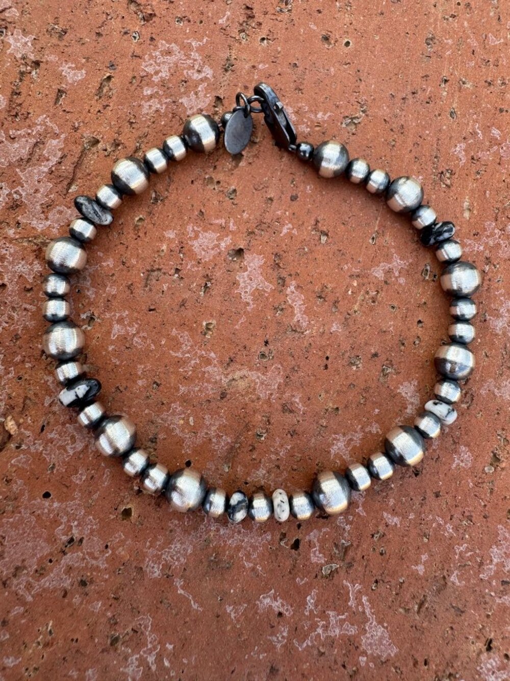 Handcrafted White Buffalo & Sterling Silver Pearl 4 & 6mm Beaded Bracelet 7.5"
